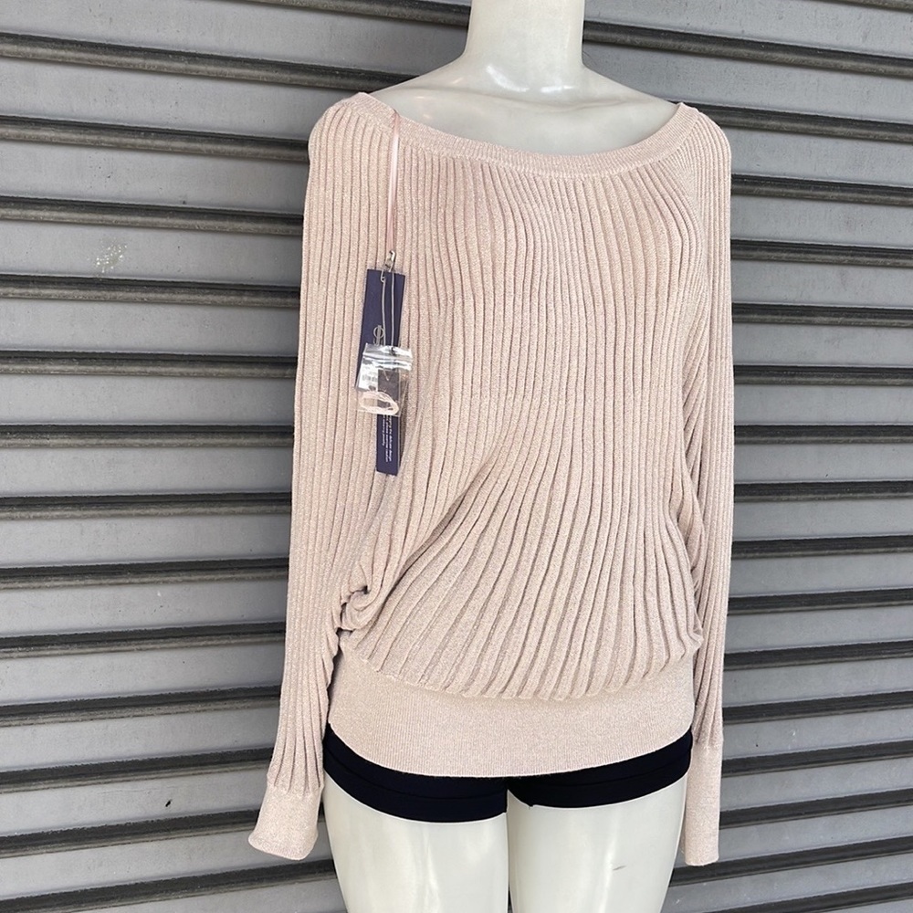 Jennifer Lopez Metallic Pink Ribbed Dolman Batwing Sleeve Sweater Medium M